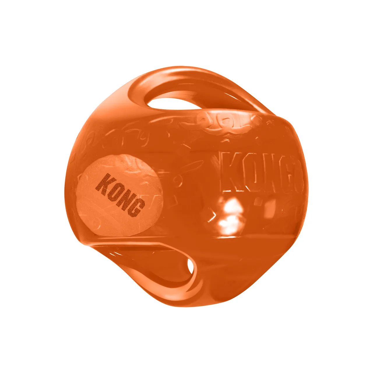KONG Jumbler Ball in orange with green accents and translucent surface for interactive dog play