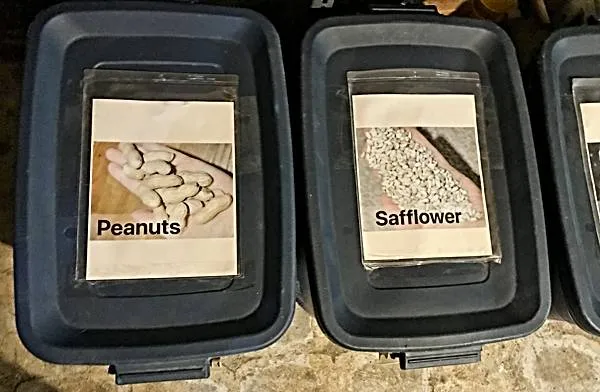 Labeled Birdseed Storage Bins