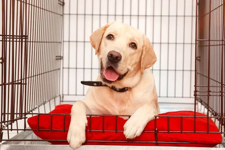 Labrador Retriever puppy relaxing comfortably in its open crate