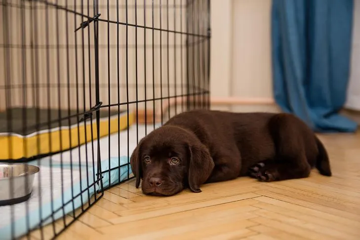 Labrador Retriever puppy resting peacefully on the floor outside its kennel