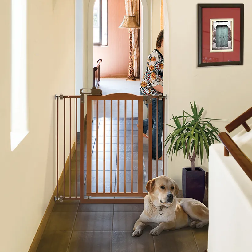 Lifestyle image of Tall One-Touch Gate II in use with a dog nearby