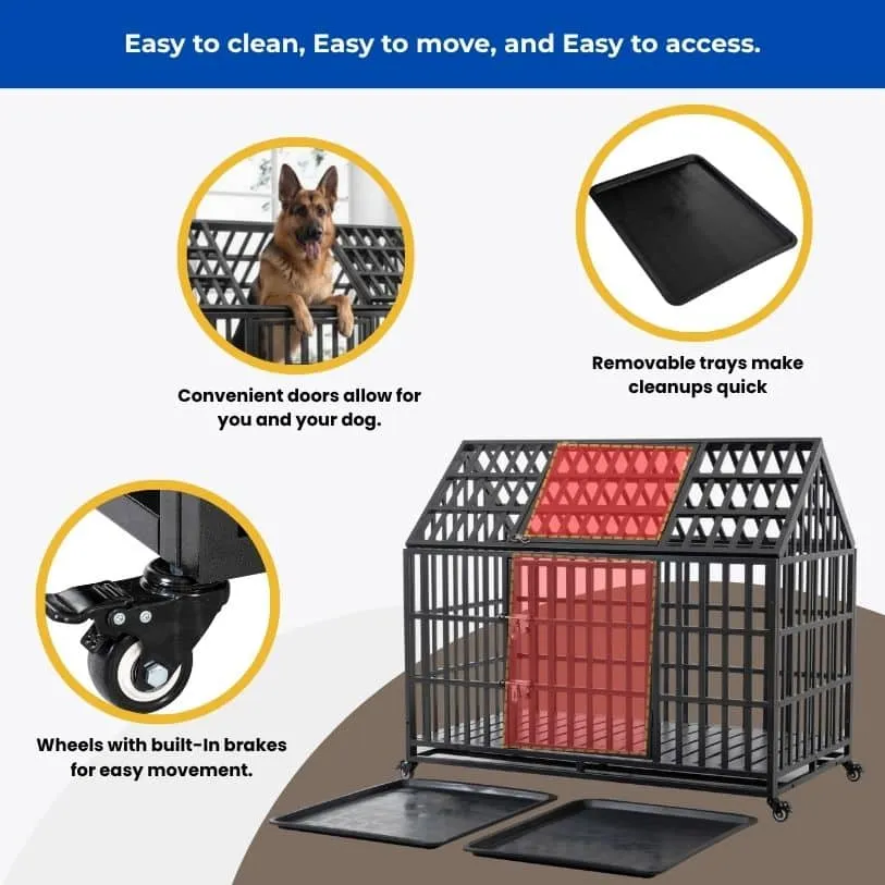 Metal dog kennel with pitched roof, highlighting access door, removable trays, and locking wheels for convenience