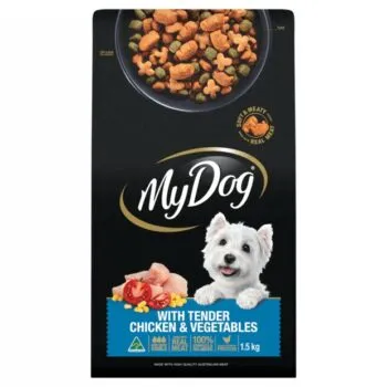 My Dog brand wet dog food in a small serving tray, emphasizing its "gourmet" appeal.
