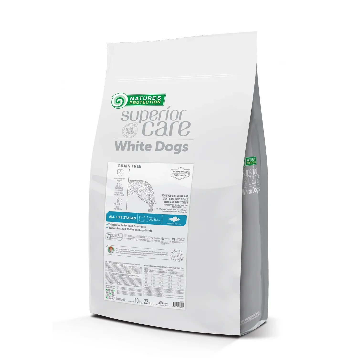 Nature’s Protection Superior Care White Dogs product bag showing white fish formula