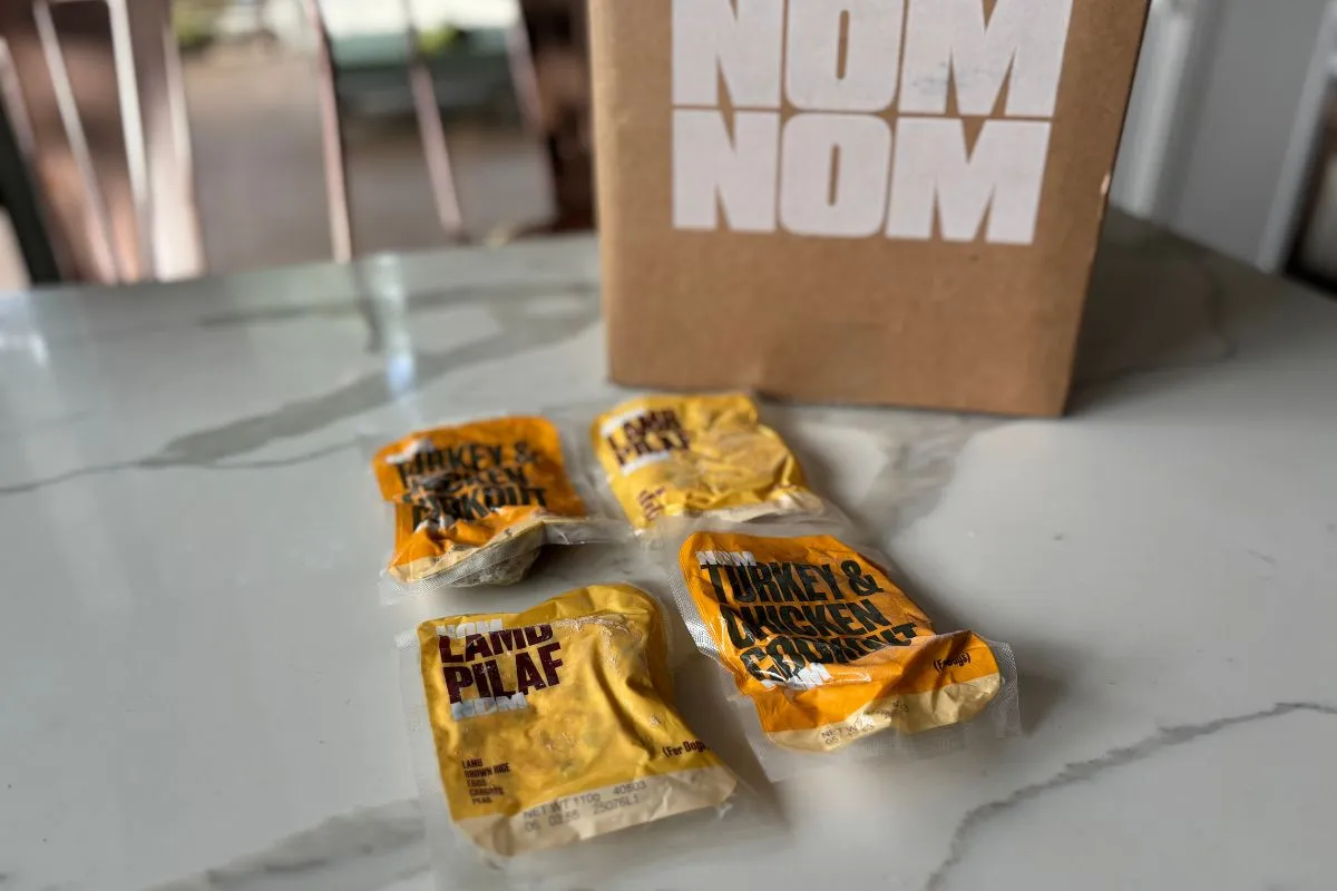 Nom Nom meal packages displaying different fresh dog food recipes