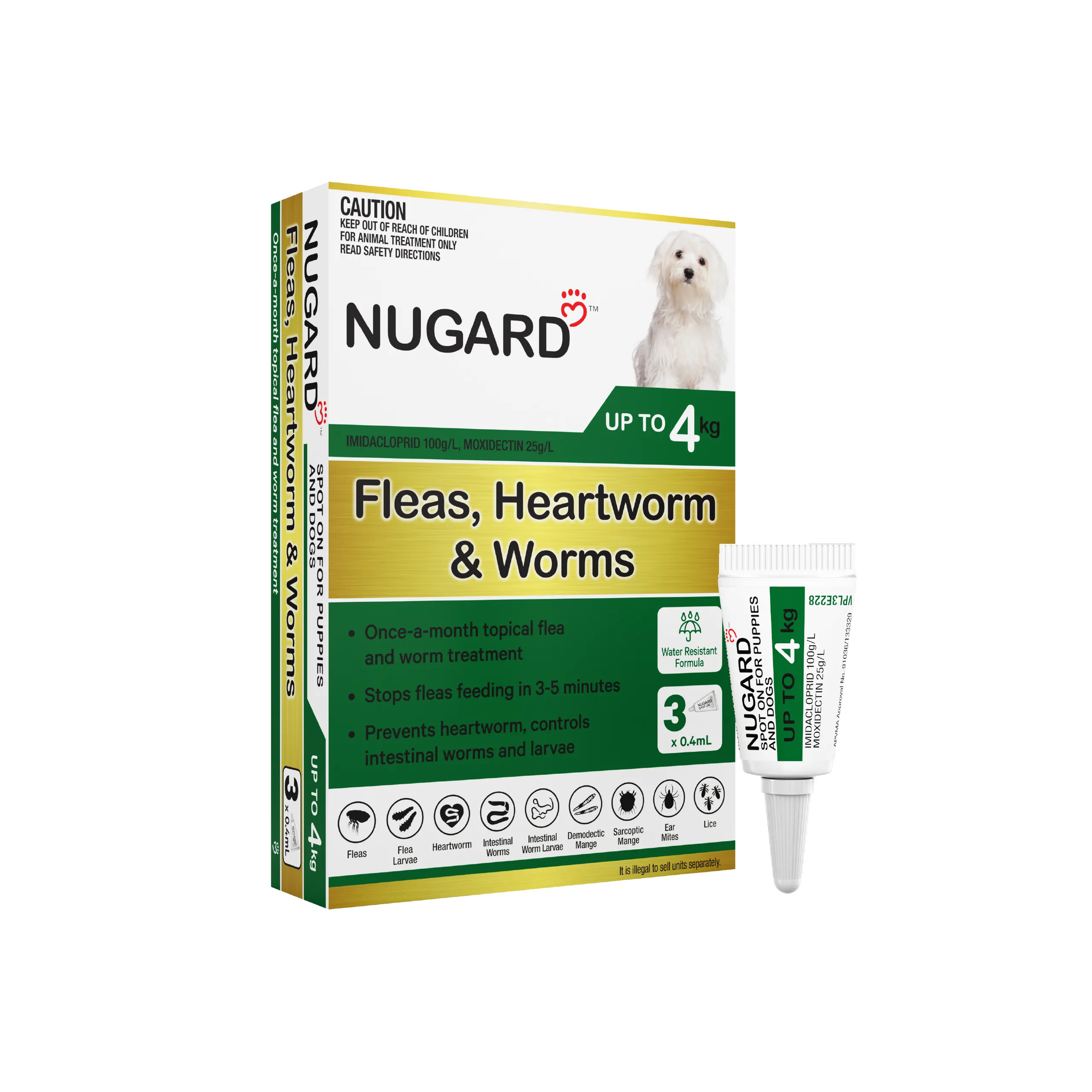 Nugard aqua packaging for small dogs 8.8-22 lbs, displaying 3-dose tube