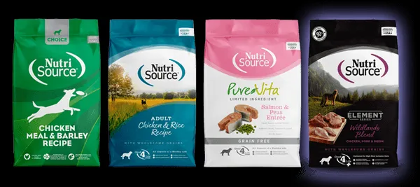 NutriSource dog food brand packaging showcasing various product lines