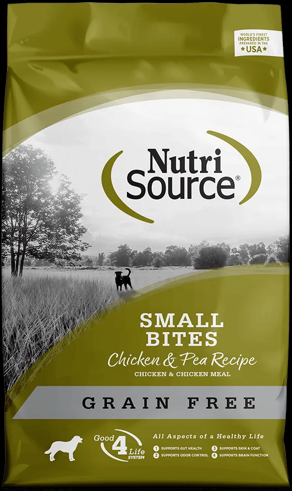 NutriSource Grain-Free dry dog food kibble in a bowl with various ingredients