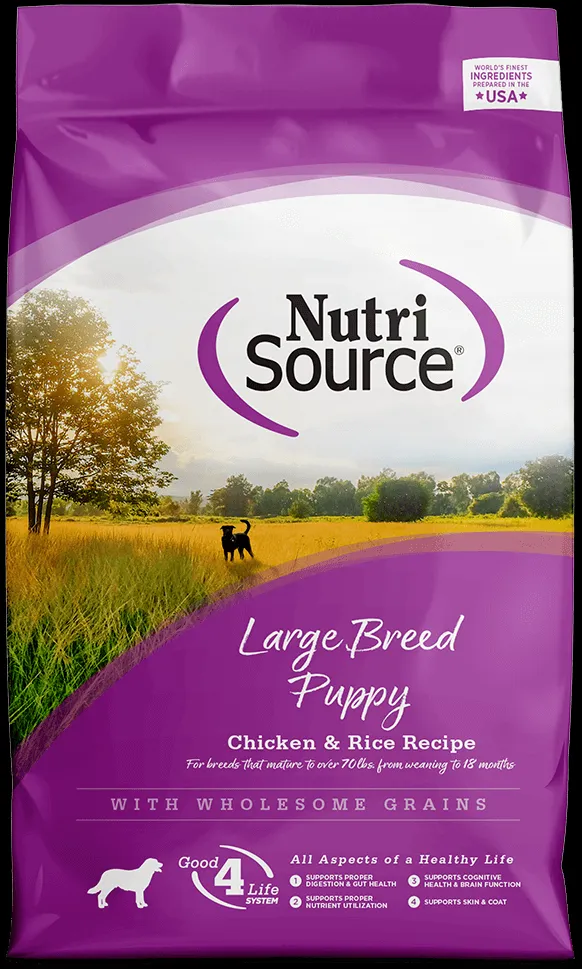 NutriSource Large Breed Puppy formula bag featuring a golden retriever puppy