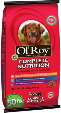 Ol' Roy Complete Nutrition Adult dry dog food bag, emphasizing budget-friendly pet food options.
