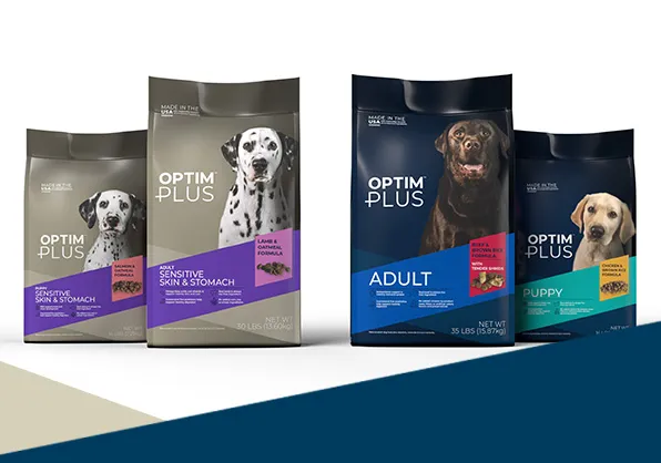 Optima dry dog food bag featuring lamb and rice