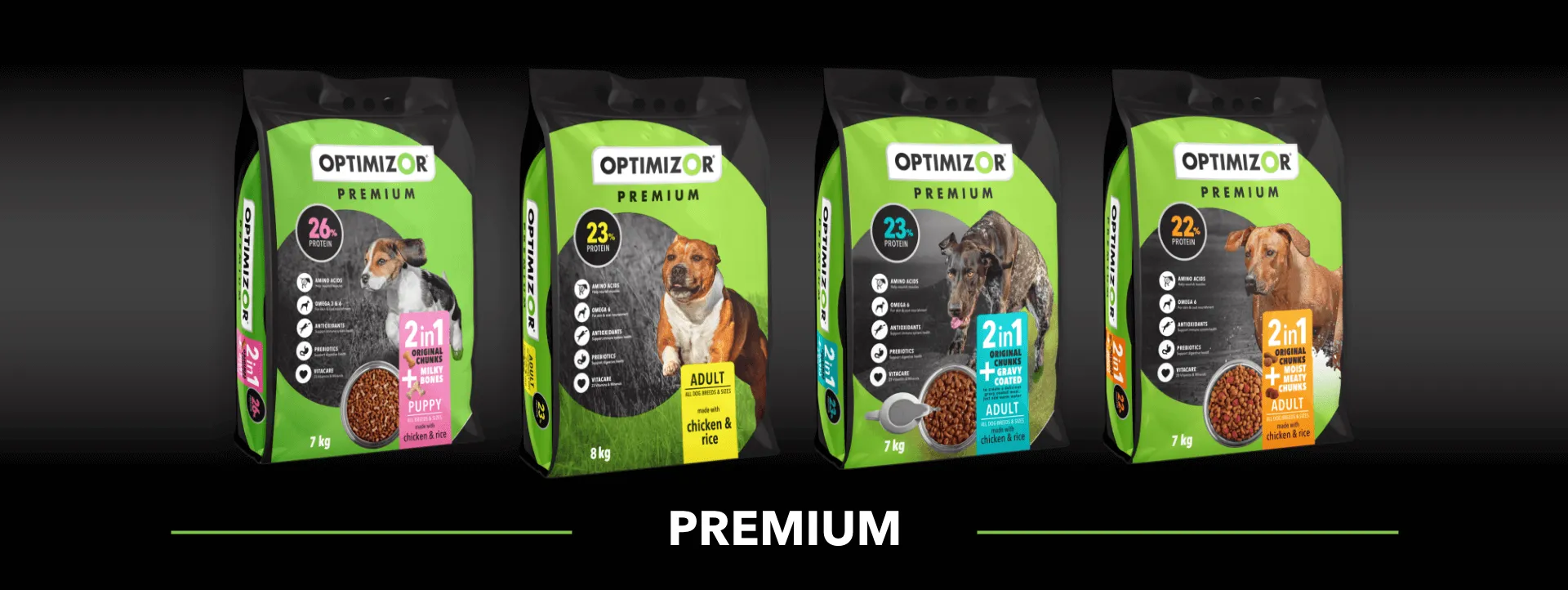 Optimizor Premium dog food range packaging