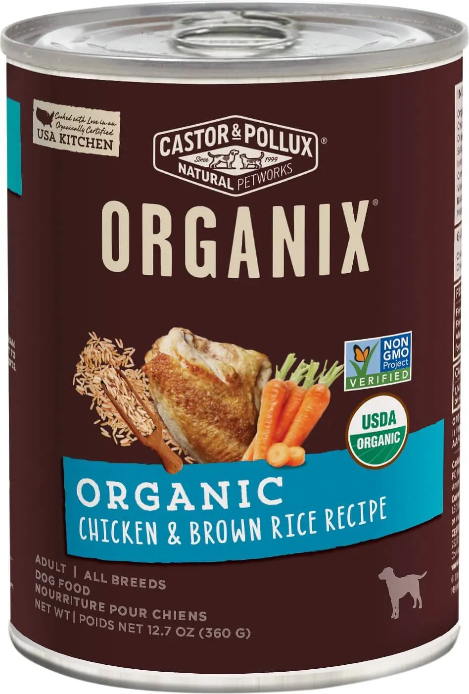 Organic chicken and brown rice wet dog food in a bowl.