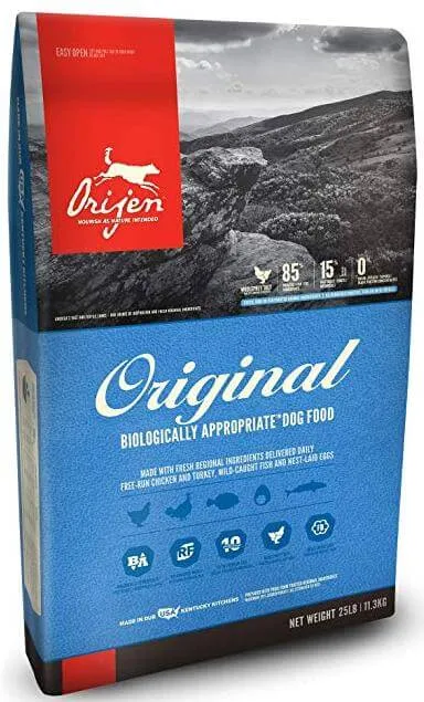 Orijen Six Fish dry dog food packaging showcasing marine ingredients