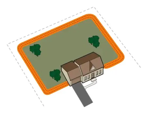 Overhead diagram of a double loop invisible dog fence layout around a backyard, allowing lake access