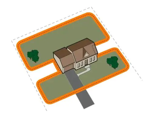 Overhead diagram of a separate front and back yard invisible dog fence layout