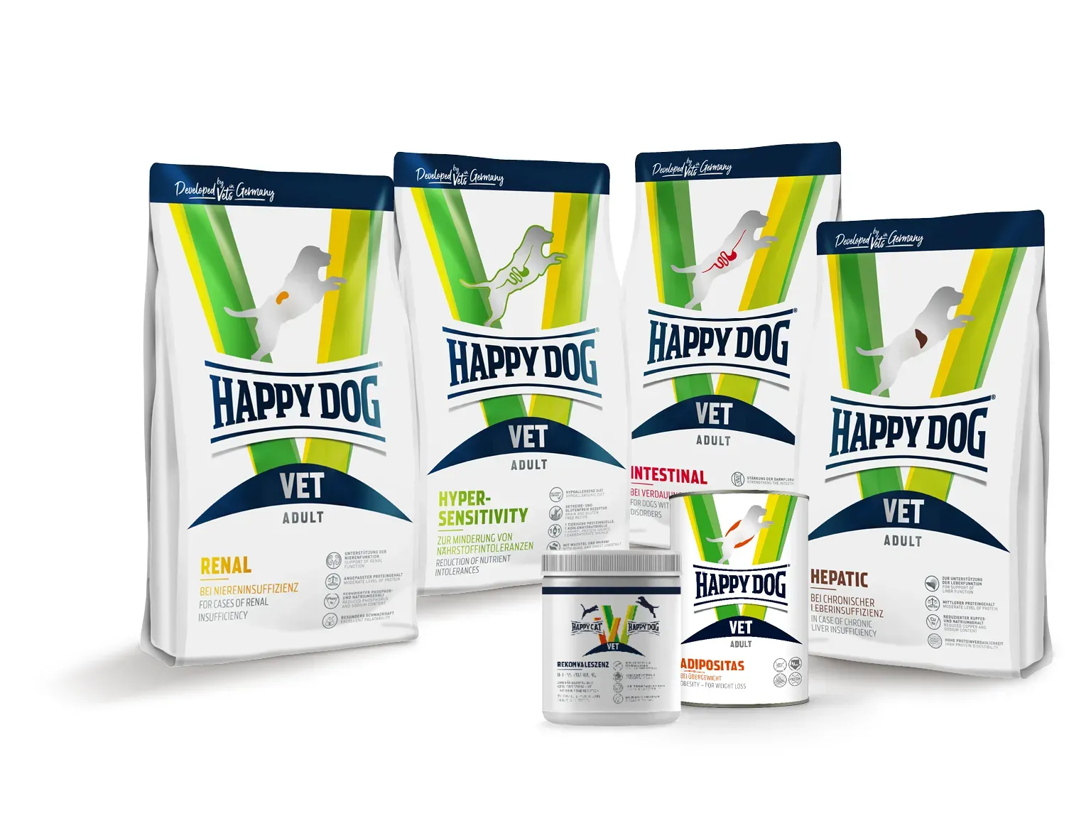 Packaged Happy Dog dry dog food, various adult varieties arranged upright with brand name and specific functions prominently visible.