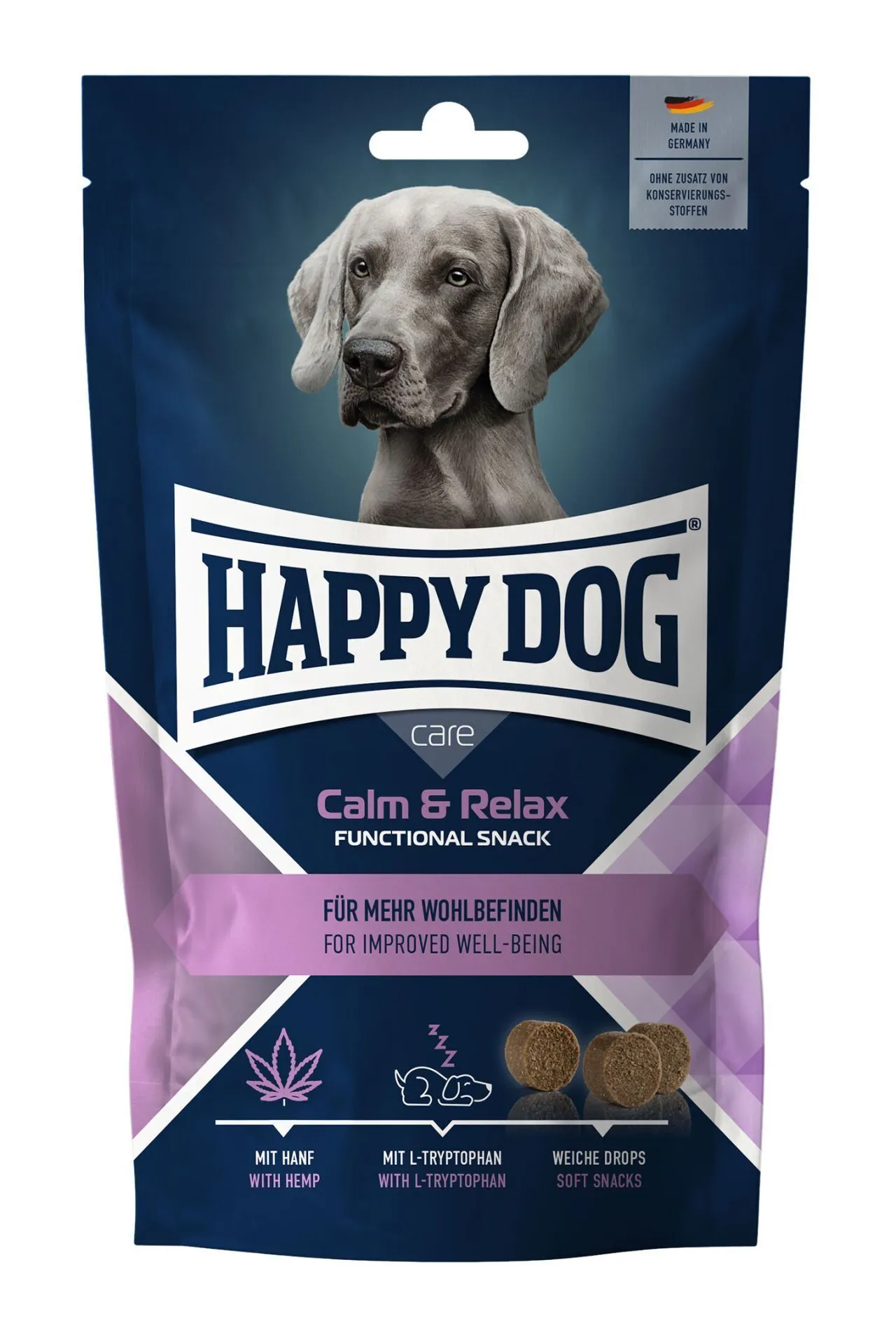 Packaging for Happy Dog Calm & Relax functional snack, featuring a dog and text promoting well-being with hemp and L-Tryptophan.