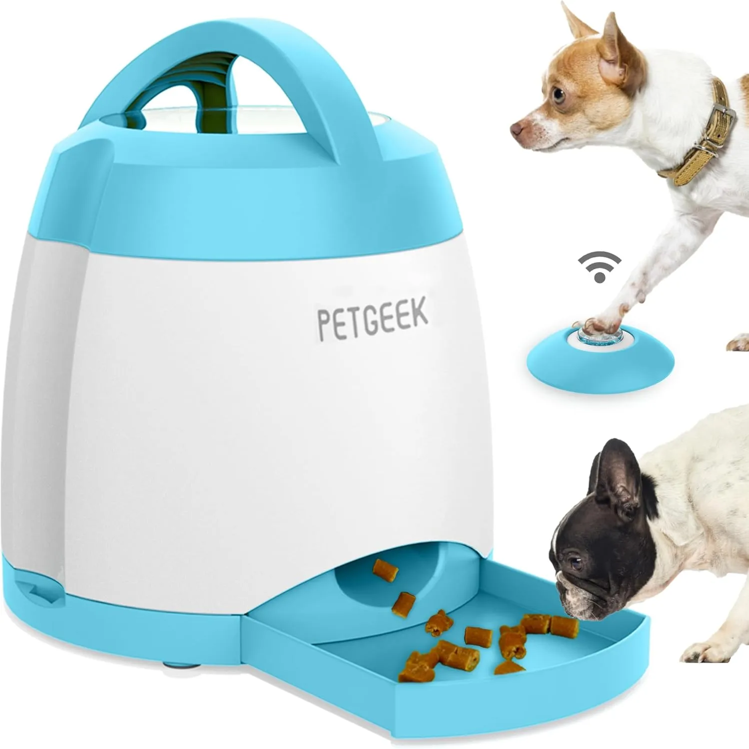 PETGEEK treat dispenser being used by dogs
