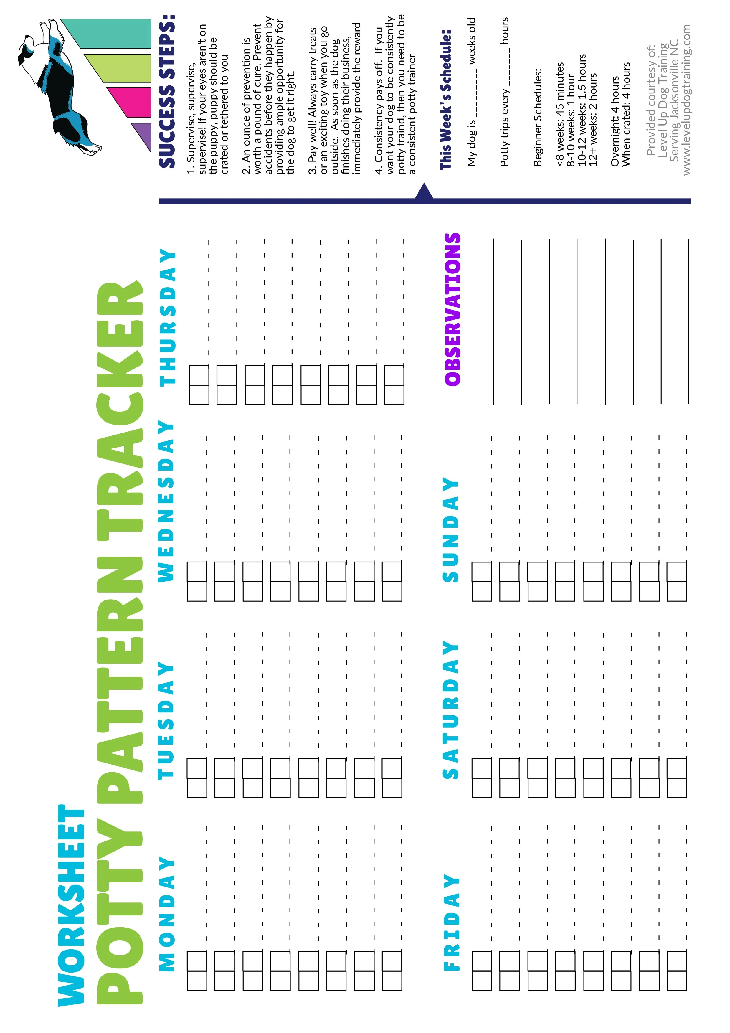 Potty pattern tracking worksheet with columns for time, pee, poop, and observations