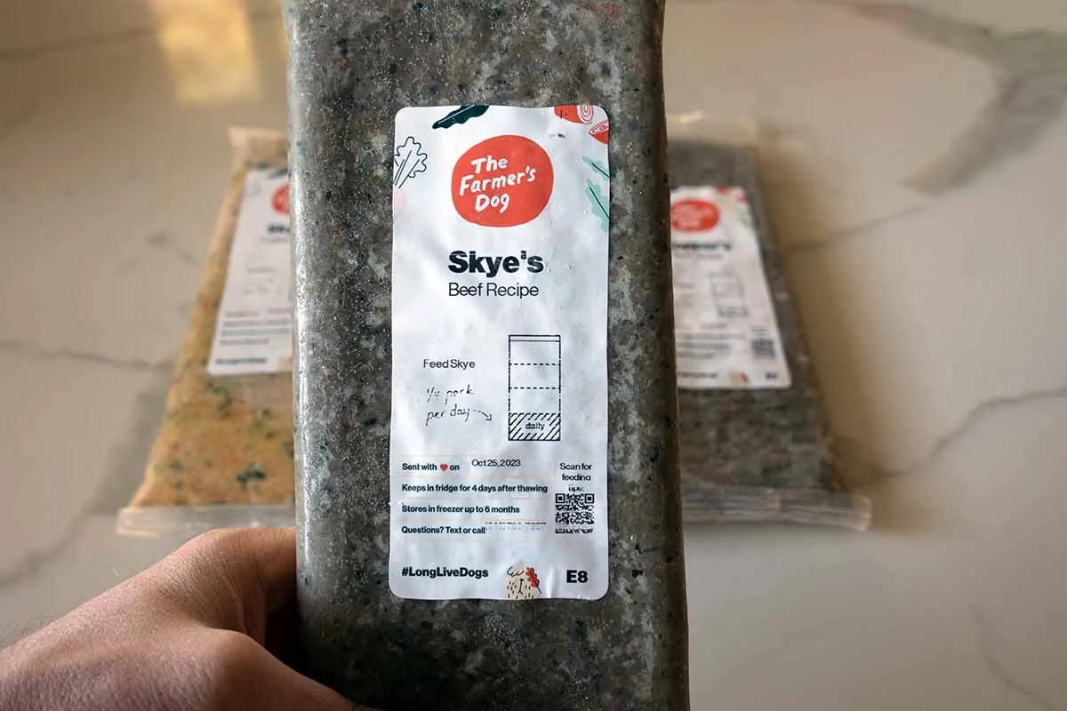 Pre-portioned Farmer’s Dog meal pouches ready for feeding