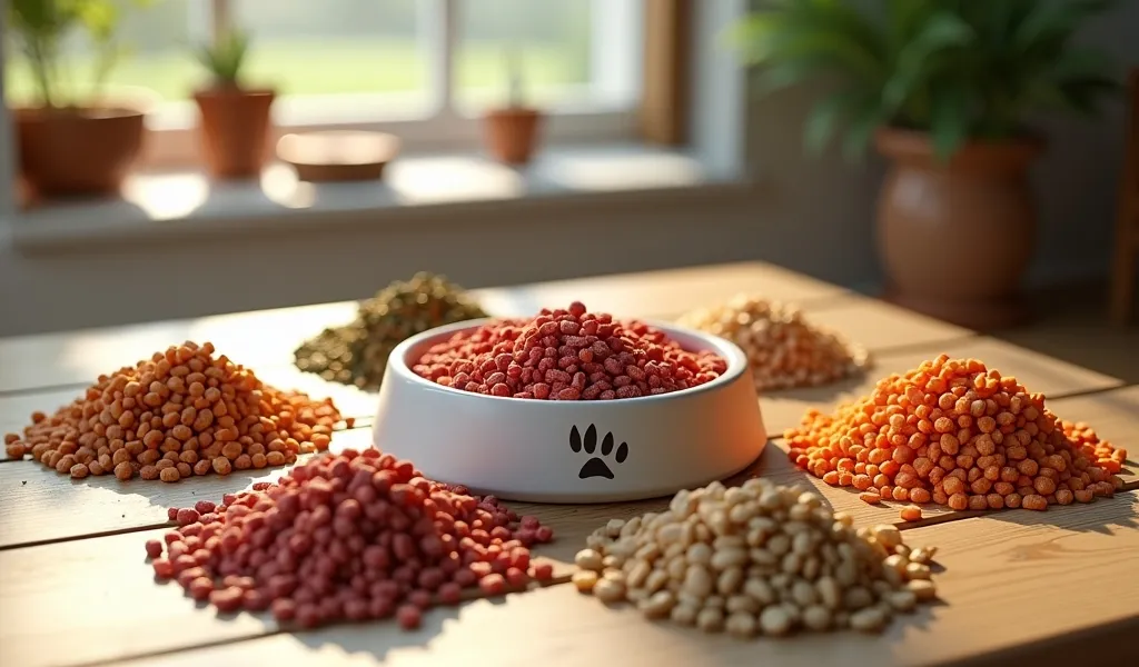 Premium dog kibble bags lined up for comparison