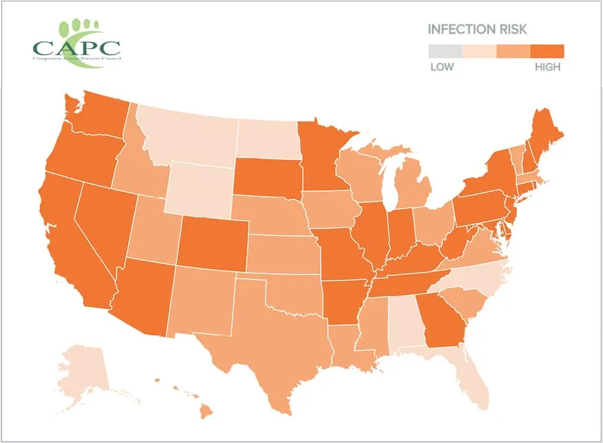 Prevalence of Giardia duodenalis across the United States in 2020. Map is based on Companion Animal Parasite Council data compiling fecal testing results from Antech Diagnostics and IDEXX Laboratories.