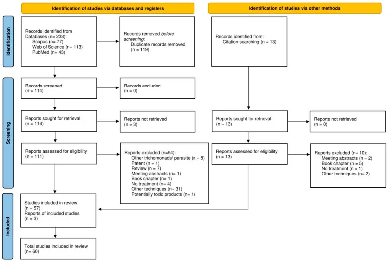PRISMA flowchart for systematic review on avian trichomonosis treatments, resistance, and alternatives