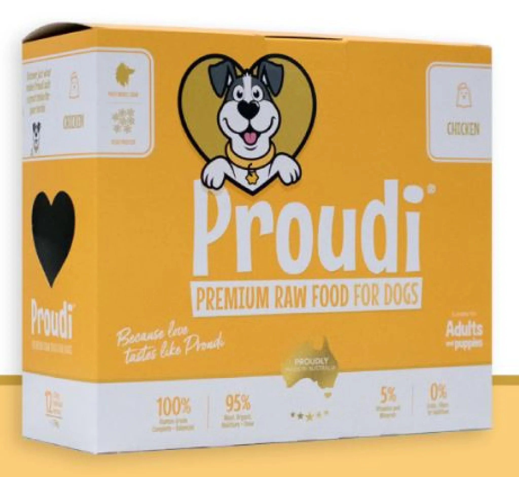 Proudi dog food in various meal preps, highlighting its raw, high-meat content