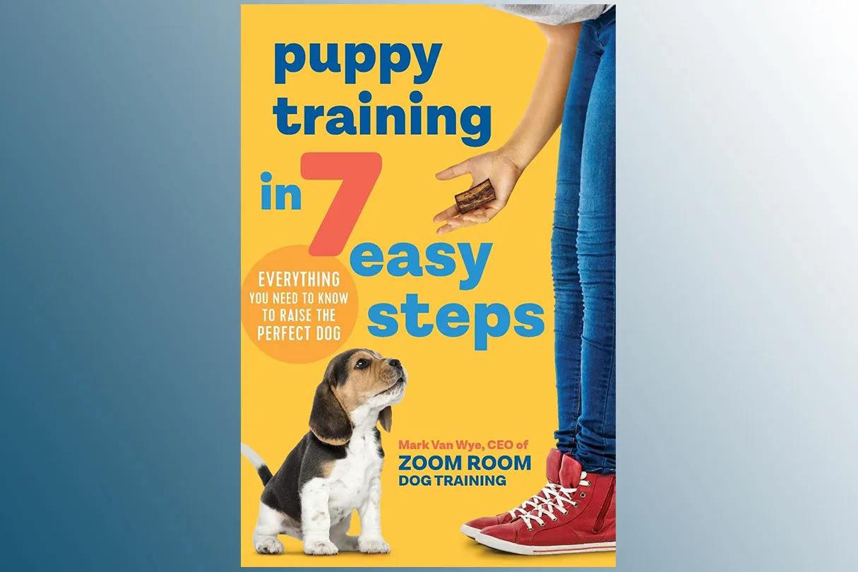 Puppy Training in 7 Easy Steps book cover on a blue background