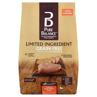 Pure Balance dry cat food with turkey and sweet potato flavor