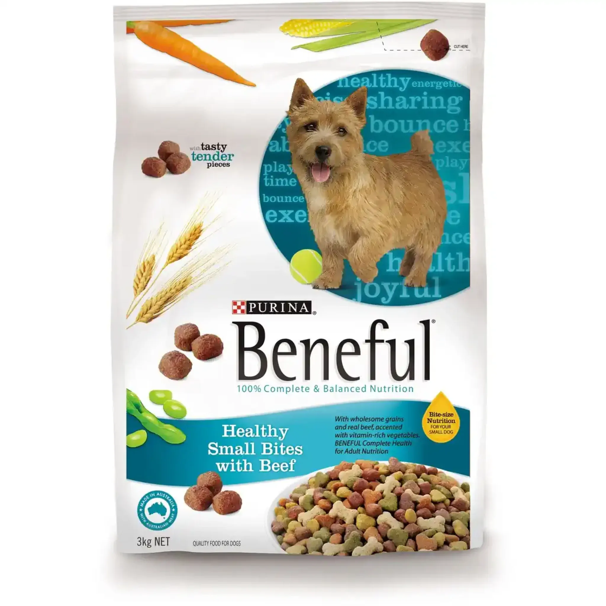 Purina Beneful puppy food bag prominently displayed on a shelf