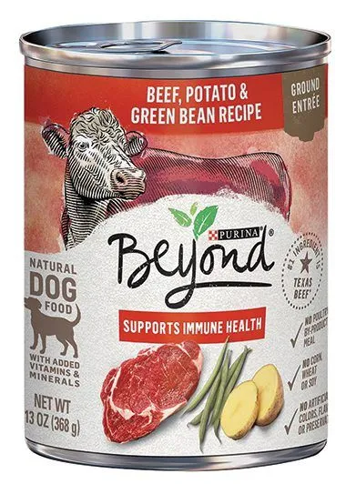Purina Beyond Beef, Potato, & Green Bean Ground Entrée in a blue can