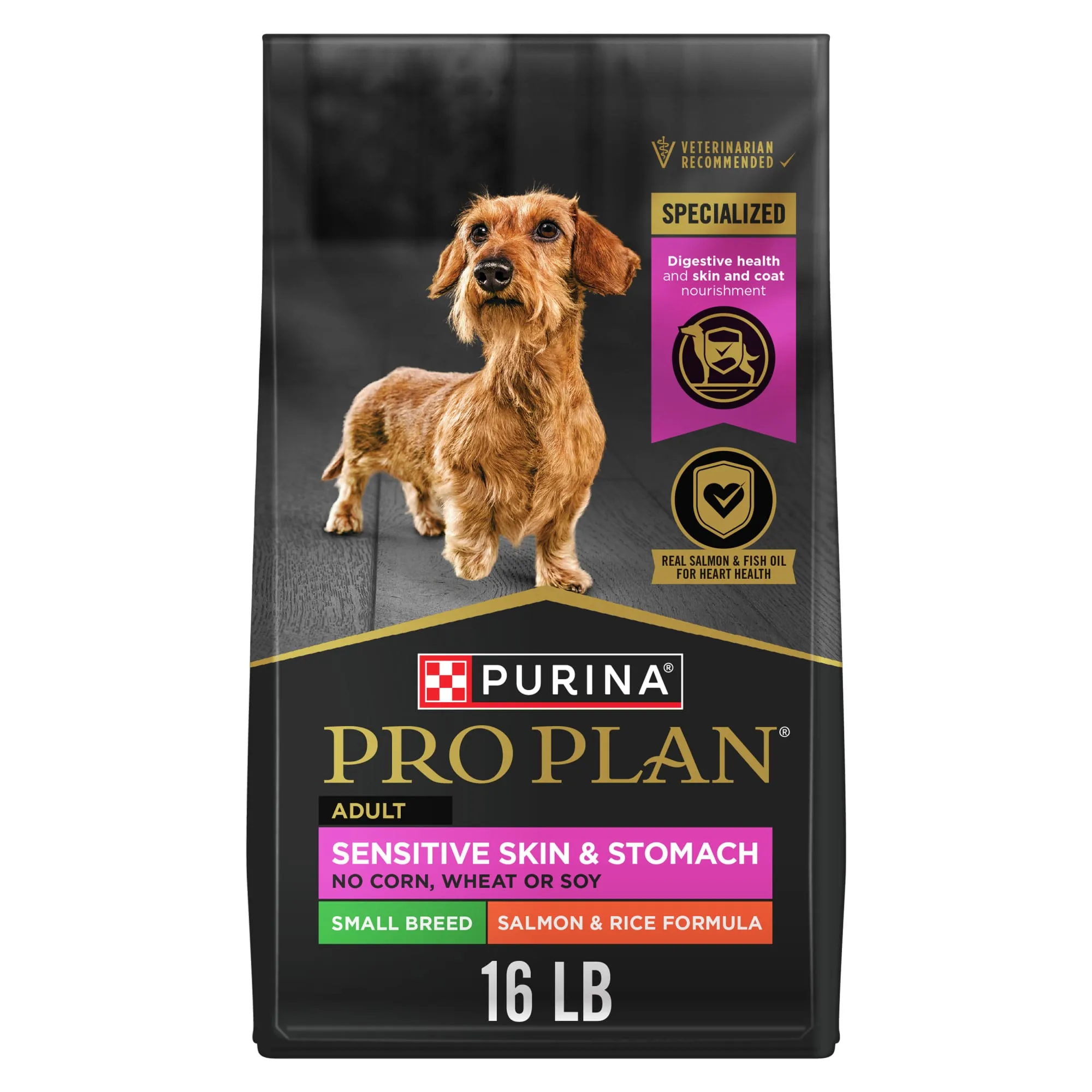 Purina Pro Plan Small Breed Sensitive Stomach Salmon & Rice dry dog food bag.