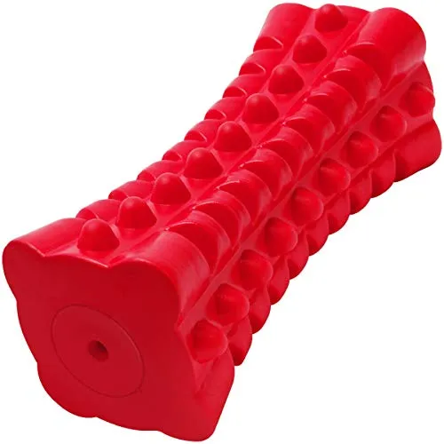 Red cuboid Vanfine indestructible squeaky dog toy made from natural rubber
