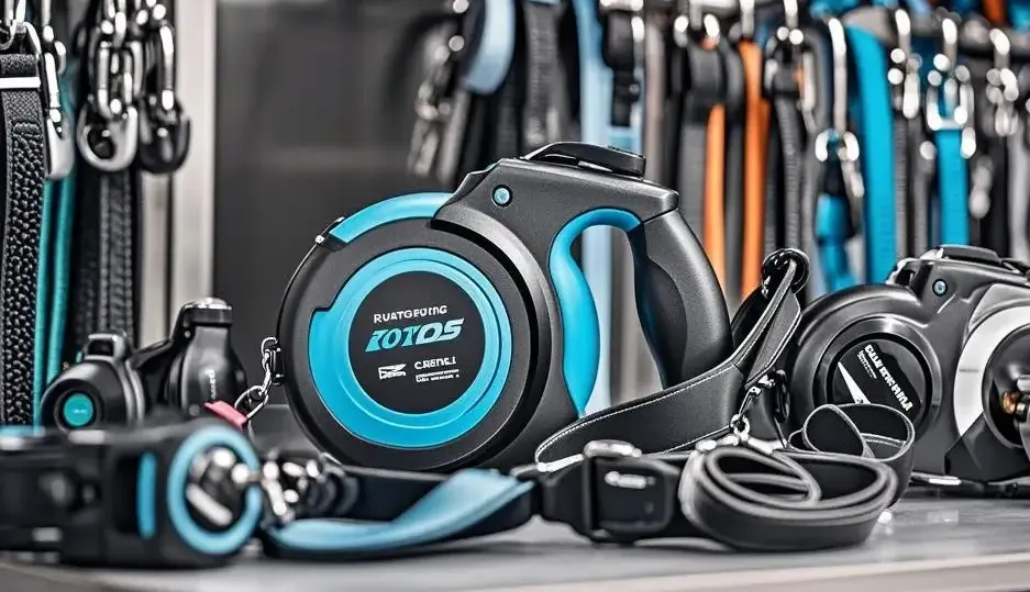 Retractable dog leashes for retail display.