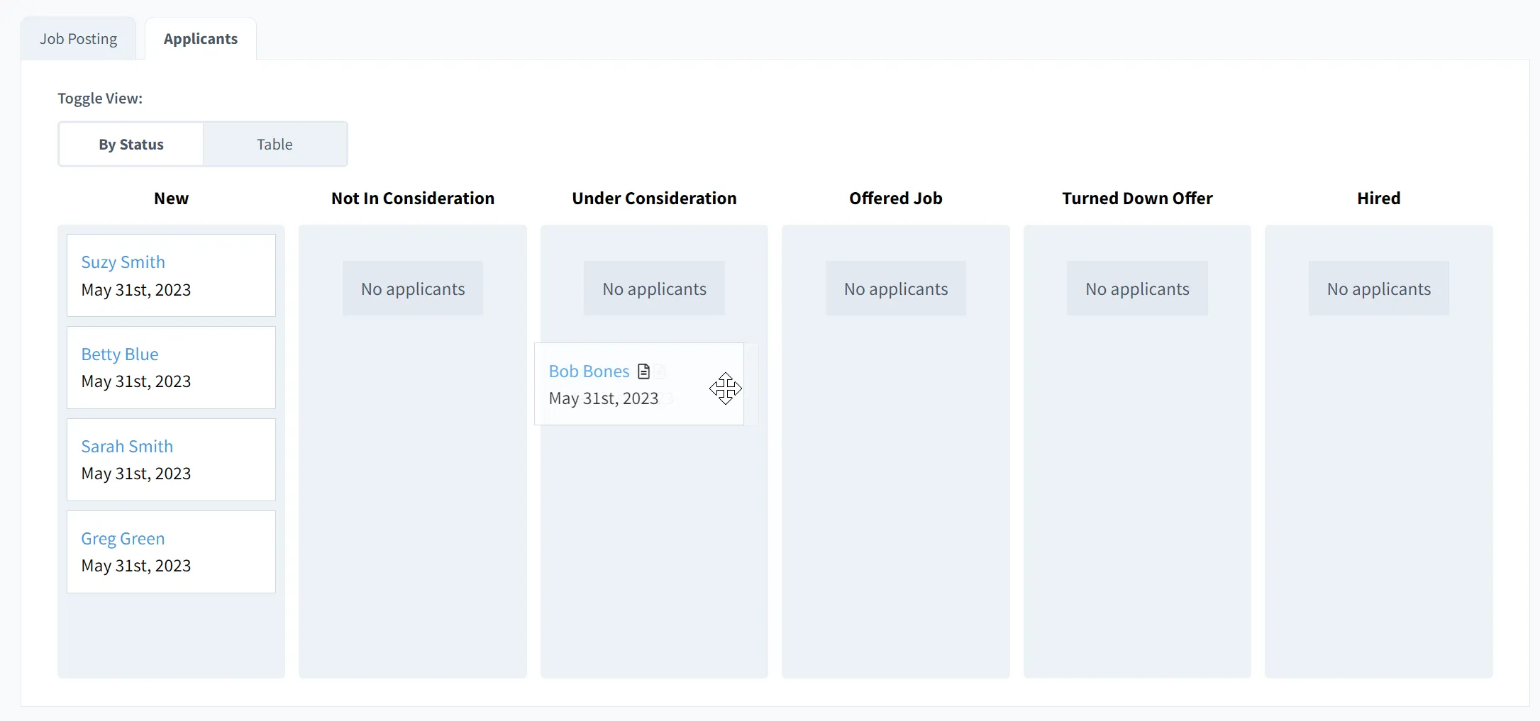 Reviewing applicants using a drag and drop kanban board in Local Pet Care