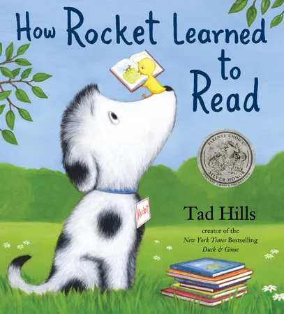 Rocket the spotted pup being taught to read by an eager yellow bird, symbolizing the joy of learning.