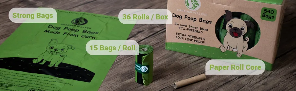 Roll of biodegradable dog poop bags with a dispenser