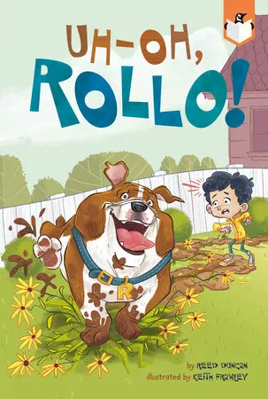 Rollo the bulldog, a mischievous dog with a blissed-out expression, chasing a chipmunk towards a wall.