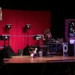 Samantha Martin with volunteer wearing cat ears at Acro-Cats event