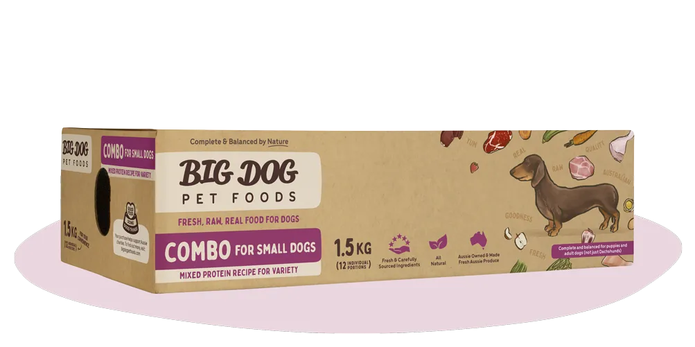 Small Dog Combo raw food patties from Big Dog Pet Foods, ideal for puppy transition.