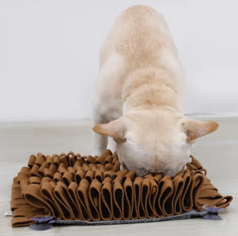 Snuffle mat with durable webbing strips and suction cups, designed for active dogs requiring stability during use