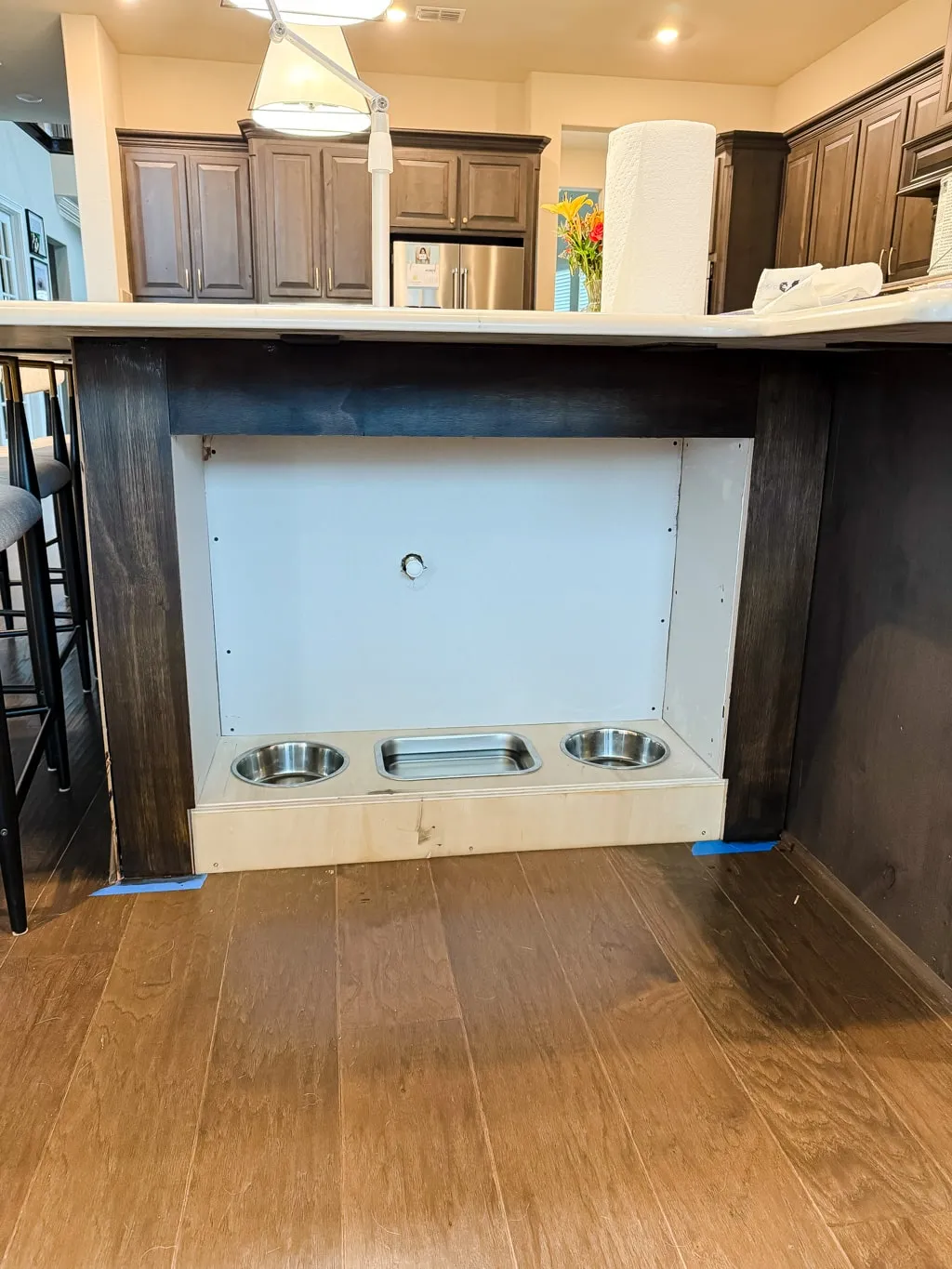 Staining the face frame of a dog feeding station to match kitchen cabinets