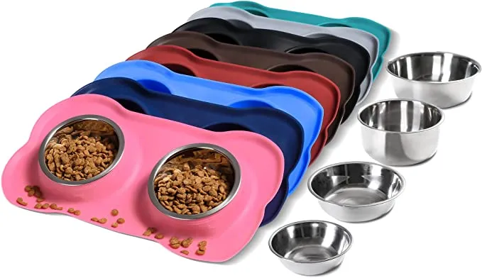 Stainless steel food and water bowls with a non-slip silicone mat for puppies