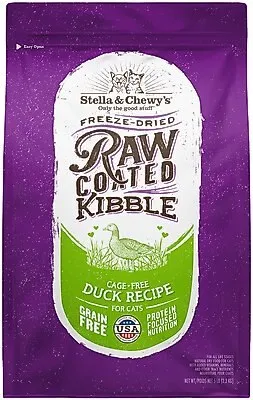 Stella & Chewy's Raw Coated Kibble Cage-Free Duck Recipe in a bowl