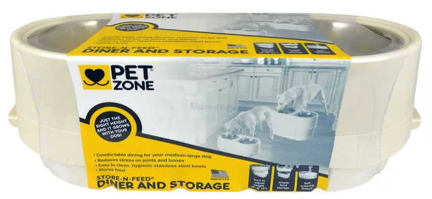 Store-N-Feed elevated dog feeder showcasing the 15-pound food storage compartment