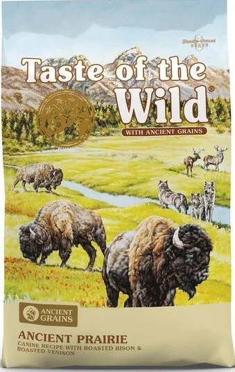 Taste of the Wild Ancient Prairie with Roasted Bison and Roasted Venison dry dog food packaging.