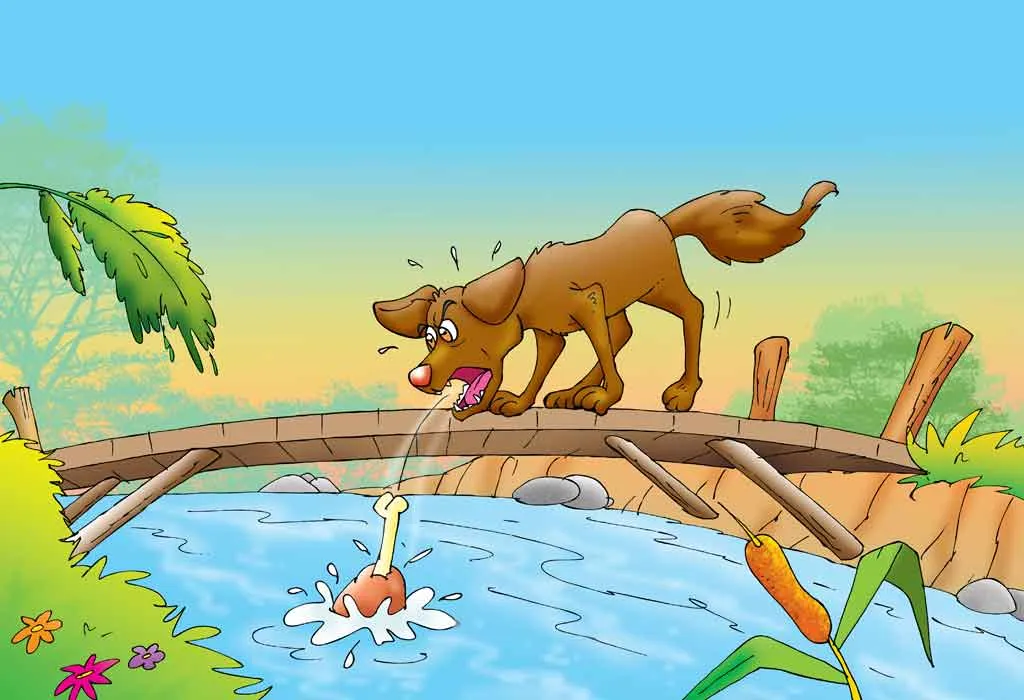 The greedy dog barking at its reflection in the river, dropping its bone.