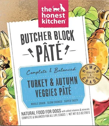 The Honest Kitchen's Butcher Block Turkey & Autumn Veggies Pâté in a carton